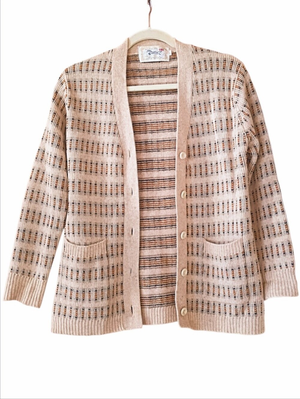 Golden Horse British Style Vintage Cardigan Sweater Wool Cream Brown SMALL